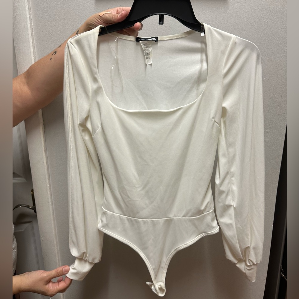White Bodysuit with Sheer Split Sleeve (Fashion Nova)
